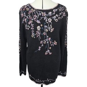 Vintage Maggie Sweet Floral Embroidered Black Knit Sweater Beaded Grannycore